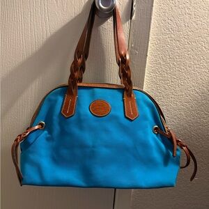 Dooney and Bourke Blue Canvas Satchel Handbag with Brown Leather Trim